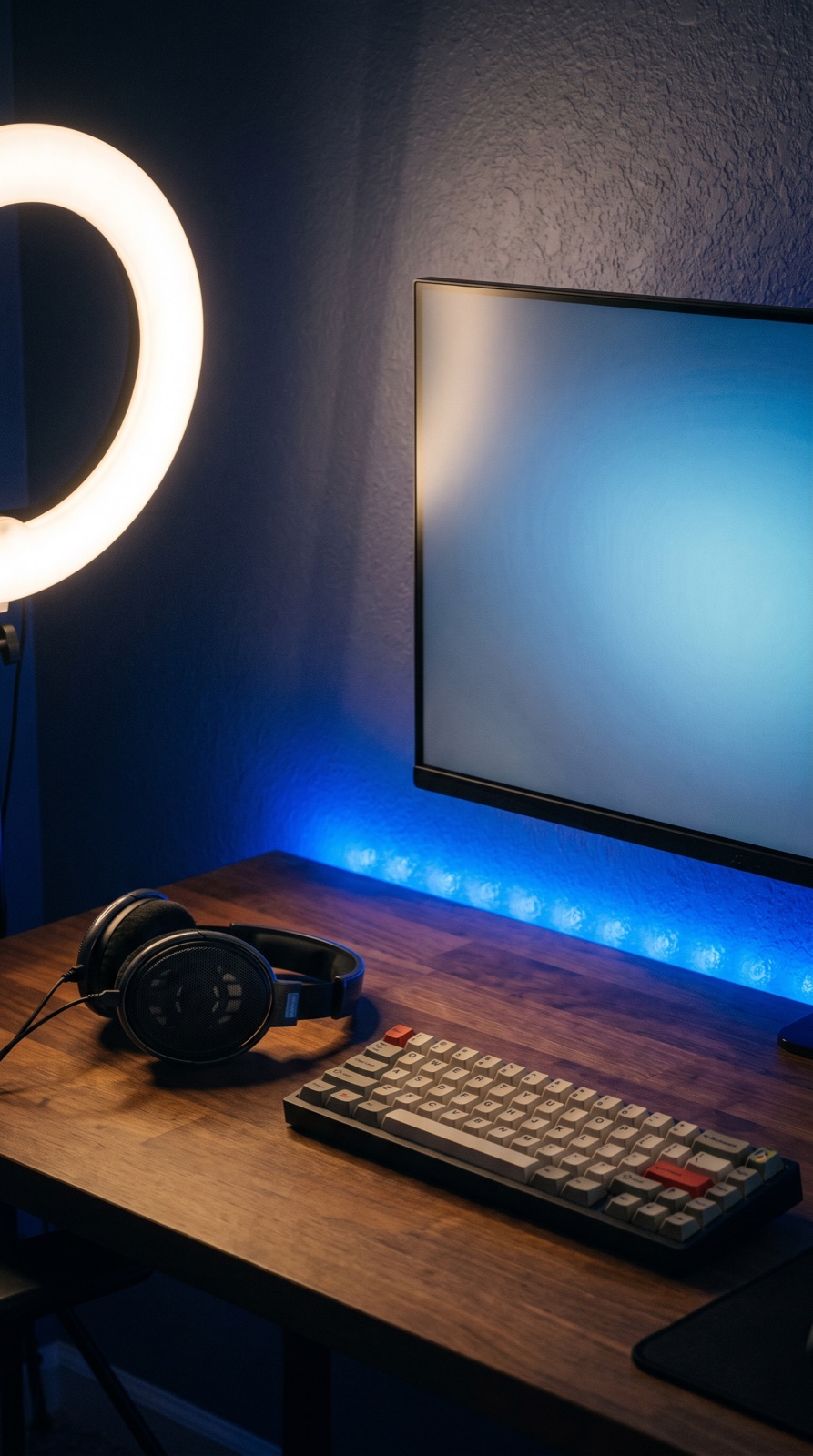 Streamer desk lit in blue