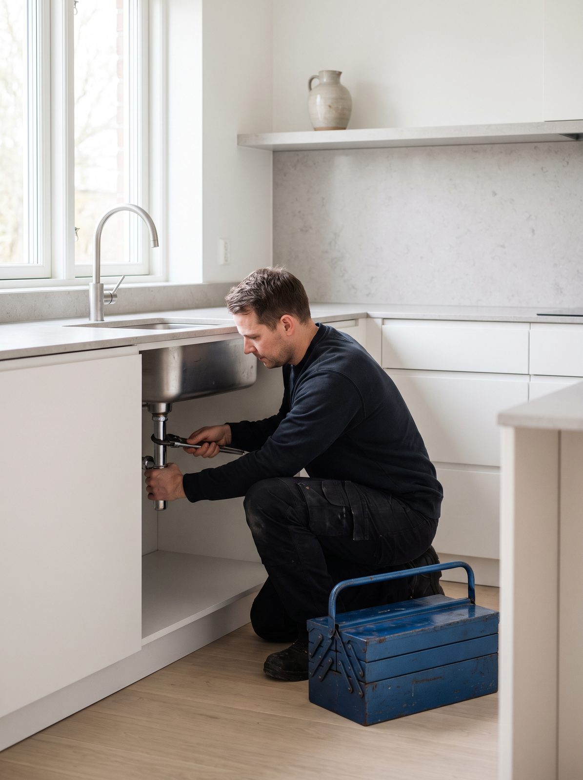 Plumber fixing the pipes under a kitchen sink